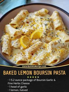 baked lemon bourssin pasta with herbs and cheese in a bowl on a table