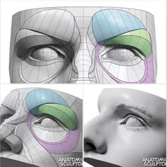 three different views of the human face with various facial shapes and colors, including blue, green