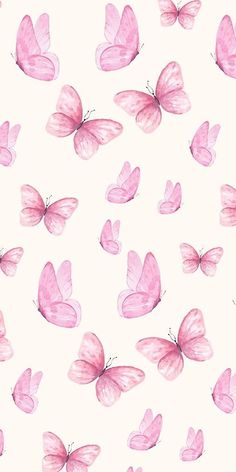 pink butterflies are flying in the air on a white background, with watercolor effect