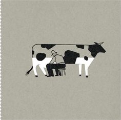 a drawing of a man milking a cow on a table with another cow in the background