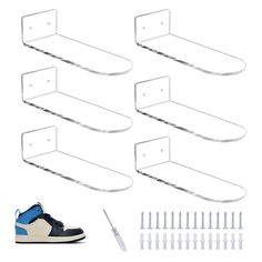 PRICES MAY VARY. High-quality material: This wall-mounted shoe rack is made of transparent acrylic material, which is suitable to better display your shoes, exquisite and beautiful workmanship, not easy to break, deform, thickened shoe rack, sturdy and reliable. Floating Design: This wall-mounted acrylic shoe rack has a smooth surface and a rounded edge design, which can better protect your shoes and the wall from scratches, the floating shoe rack is beautiful and easy to clean, small holes The Floating Shoe Display, Floating Shoe Rack, Acrylic Floating Shelves, Sneaker Displays, Wall Mounted Shoe Rack, Shoe Storage Rack, Shoe Shelves, Transparent Storage, Estantes Flotantes