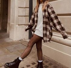 Edgy Doc Marten Outfits, Khaki Combat Boots Outfit, Women’s Grunge Outfits, Bar Drinks Outfit, Edgy Outfits Dress, Casual Night In Outfit, Tights And Flannel Outfit, Fall Outfit Inspo Doc Martens, Sweatshirt Dress Outfit Ideas