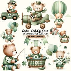 cute teddy bears in green and white outfits with balloons, hot air balloons, shamrocks