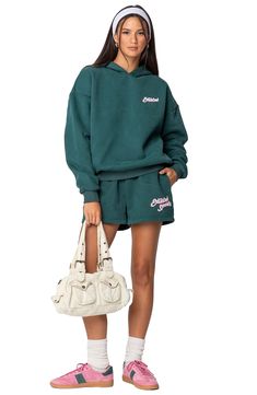 Love to lounge in these sporty logo shorts crafted from a soft cotton blend. Elastic waist 50% cotton, 50% polyester Machine wash, dry flat Imported Matching Sweat Set, Sporty Hoodie, Sweat Set, Matching Sweatshirts, Hoodie Green, Swimwear Dress, Sweat Shorts, Style Mistakes, Street Style Looks