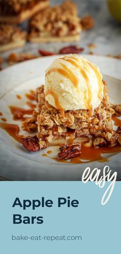 apple pie bars with ice cream and pecans on top