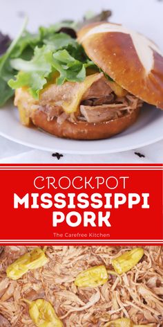 the crockpot mississippi pork sandwich is served on a plate with lettuce