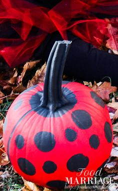 a painted lady bug pumpkin sitting on the ground with leaves around it and text overlay that says painted lady bug pumpkin