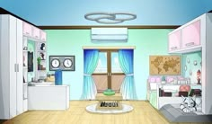 this is a drawing of a living room with blue curtains and pink walls, while the kitchen has white appliances