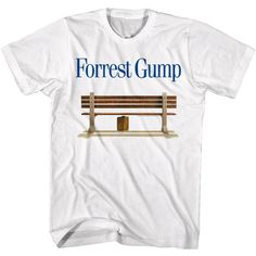 "Forrest Gump Men's T-Shirt by American Classics \"My Mama said... Life is like a box of chocolates\"... It's almost guaranteed that you've seen this movie, who hasn't! If you somehow have not managed to see Forrest Gump, you must! Gump (played by Tom Hanks) is a slow-witted but kind-hearted man from Alabama, who is accidentally involved in key global incidents. The movie was a huge success, winning numerous awards including Best Movie and Best Actor. This awesome t-shirt has vintage, distressed A Box Of Chocolates, Box Of Chocolates, Forrest Gump, Disney Stars, Movie Shirts, Tom Hanks, White Shirts, Best Actor, White Tshirt