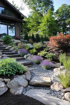 Beautifully landscaped garden with stone steps, colorful flowers, and lush greenery. Lake Front Landscaping, Forest Landscape Design, Acreage Landscaping, Hillside Landscape, Creative Backyard, Plant Arrangements, Side Yard Landscaping