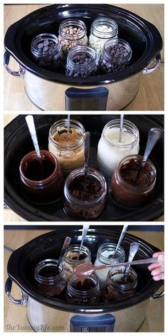 three pictures showing how to make chocolate pudding in the crock pot with spoons