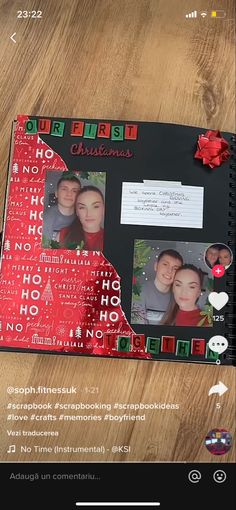 a scrapbook with christmas pictures on the page and an advertise for it