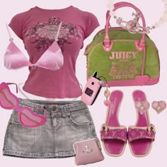 2000 y2k barbie outfit aesthetic juicy 2000s outfit pink flip phone pink y2k 00s Pink Outfit, Pink Y2k Party Outfit, Barbie Pink Clothes, Barbie Aesthetic Y2k, Retro Pink Outfits, Disney 2000s Outfits, How To Dress Like Barbie Outfit, Clubbing Outfits 2000s, Y2k Bright Outfits