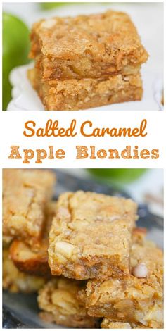 salted caramel apple blondies are stacked on top of each other