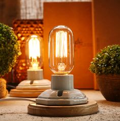 a light that is sitting on top of a table next to some potted plants