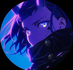 an anime character with blue eyes and purple hair