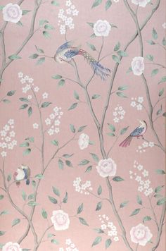 a pink wallpaper with birds and flowers on it