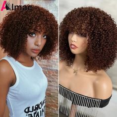 Chocolate Brown Kinky Curly Short Bob Human Hair Wigs With Bang Color #4 Full Machin Made Indian Remy Hair Wig For Black Women Short Bob Straight Hair, Pulling Hair Out, Curly Short Bob, Bob Human Hair Wigs, Straight Bob Hairstyles, Auburn Color, Dark Auburn, Curly Short, How To Curl Short Hair