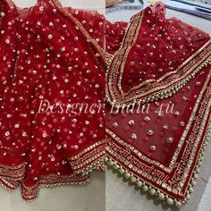 This is a Wedding Dupatta Red Color  made on orders. It is made using dyeable net fabric with pearl work all over.  We stitch beautiful brides lace to all sides of it. Dupatta is having a length of 100 inches and width of around 40 inches. I don't keep it readymade I only make it exclusively for my customers. Can be fully customised. Bridal Red Saree With Dupatta, Bridal Net Dupatta, Red Chunni For Bride, Red Heavy Dupatta, Heavy Embroidery Dupatta Design, Bridal Chunri Dupatta, Bridal Chunni Design, Bridal Duppata Indian Weddings, Red Dupatta Designs