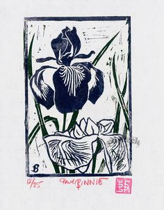 an ink drawing of a purple flower on white paper with chinese writing in the background