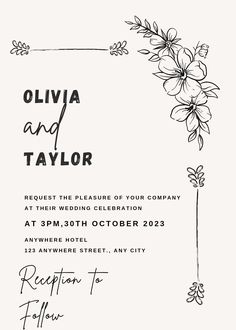 a wedding card with flowers on it and the words, ollivia and taylor