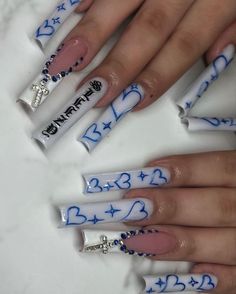 Low Rider Inspired Nails, Thug Nails, Nails With Boyfriends Name, Nails With Names On Them, Smile Now Cry Later Nails, Baddie Nails Instagram Long, Chola Nails Designs, Cholo Nails, Gangster Nails Designs