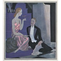 a painting of a man and woman sitting on steps