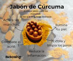 a spoon with some food on top of it next to other ingredients and words describing the benefits of jabona de curcuma