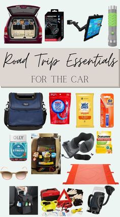 road trip essentials for the car with text overlay that reads road trip essentials for the car