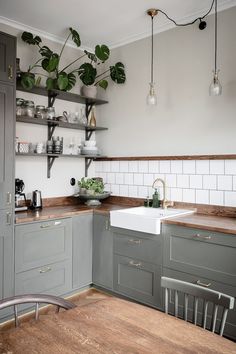 a kitchen with wooden floors and gray cabinets, white subway tile backsplash and hanging potted plants