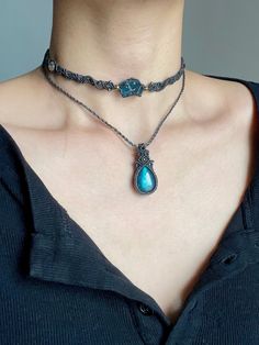 Macrame Stone Necklace Diy, Adjustable Blue Labradorite Necklace, Labrodite Jewelry, Chocker Neckless, Macrame Stone Necklace, Macrame Headband, Beads Macrame, Macrame Choker, Recycled Necklaces