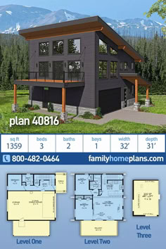 Buyers will love this garage house plan because modern style is very popular in today’s real estate market. Popular Garage Living Plan 40816 has 1,359 square feet of living space. In addition, the design has 3 bedrooms, 2 bathrooms, and a drive-under 2 bay garage. Special features include an angled roof, deck, covered entry porch, and artist’s loft. #GarageApartment #modern #contemporary #floorplans Shed House With Garage, House Plans With A View, Container Home Floor Plans, Getaway House, Vacation House Plans, Garage To Living Space