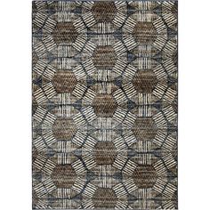 an area rug with various shapes and colors on it, including brown and blue tones