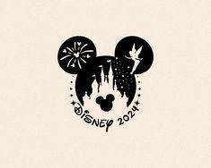 the mickey mouse logo has been drawn in black and white, with fireworks coming out of it