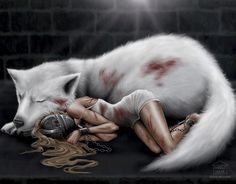 a painting of a woman laying on the ground next to a white wolf with blood all over her body