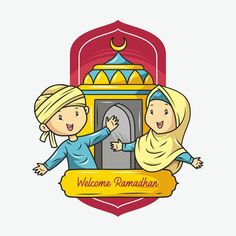 two people standing in front of a door with the words welcome ramadan written on it