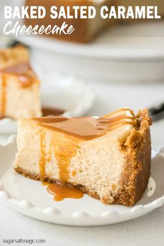 a slice of cheesecake on a plate with caramel sauce