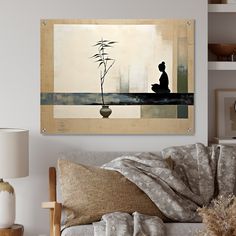 a living room scene with focus on the couch and painting hanging above it's head