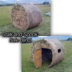 two pictures of hay bales in the grass with text stating stay and spook bake bird