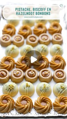 an image of some food that is on a tray with the words pistache biscotte en hazlenott bonbons