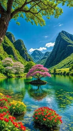 colorful flowers and trees in the middle of a lake with mountains in the back ground