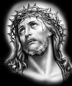 the face of jesus with crown of thorns on his head, in black and white