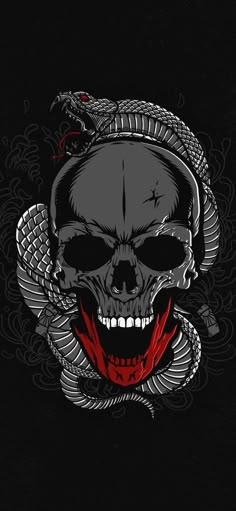 a skull with a snake around it's neck on a black background and red eyes