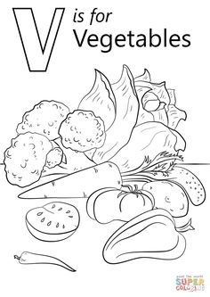 vegetables coloring page for kids to print out and color on the table, including broccoli, tomatoes, cucumbers