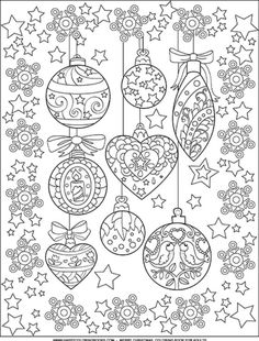 an adult coloring book with ornaments hanging from the ceiling and stars in the sky behind it