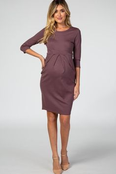 Purple 3/4 Sleeves Front Pleated Maternity Dress – PinkBlush Maternity Business Attire, Professional Maternity Outfits, Maternity Office Wear, Casual Maternity Dress, Maternity Work Clothes, Maternity Dresses For Baby Shower, Formal Maternity Dress, Cute Maternity Outfits, Stylish Mom