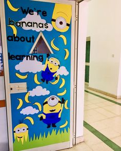 there is a door decorated to look like a minion with the words we're bananas about learning on it