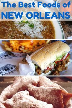 the best foods of new orleans are in this collage with text overlaying them