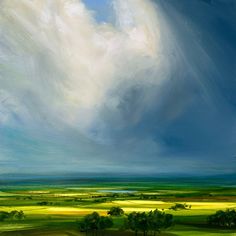 an oil painting of green and yellow fields under a blue sky with white fluffy clouds