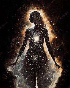 the silhouette of a woman in space surrounded by stars